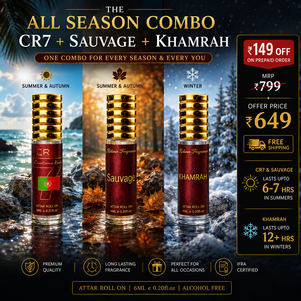 THE  ALL SEASON COMBO - Inspired 6ML Roll On | FRESH | AQUATIC | WOODY